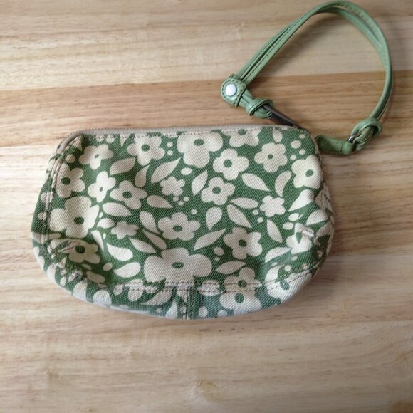 FOSSIL Floral Green/White Canvas Leather Wristlet Wallet Clutch Boho Hippie - Picture 1 of 6